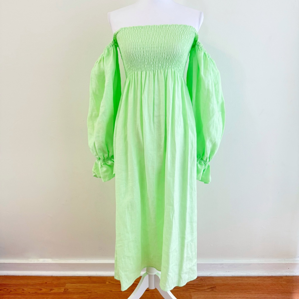 Sleeper Lime Green Atlanta Shirred Smocked Off The Shoulder Linen Midi Dress